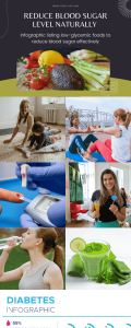 An infographic showing natural ways to lower blood sugar, including staying hydrated, light physical activity, and Aloe Vera juice