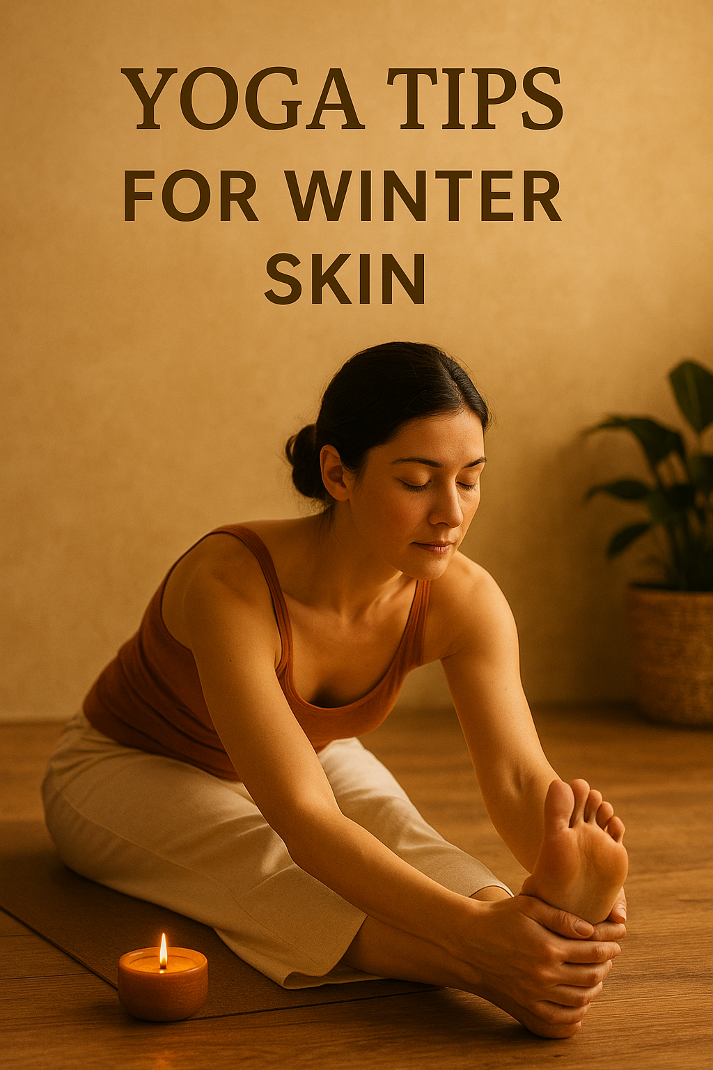 A person practicing gentle yoga indoors during winter to improve circulation and support winter skin care homemade tips for glowing, healthy skin.
