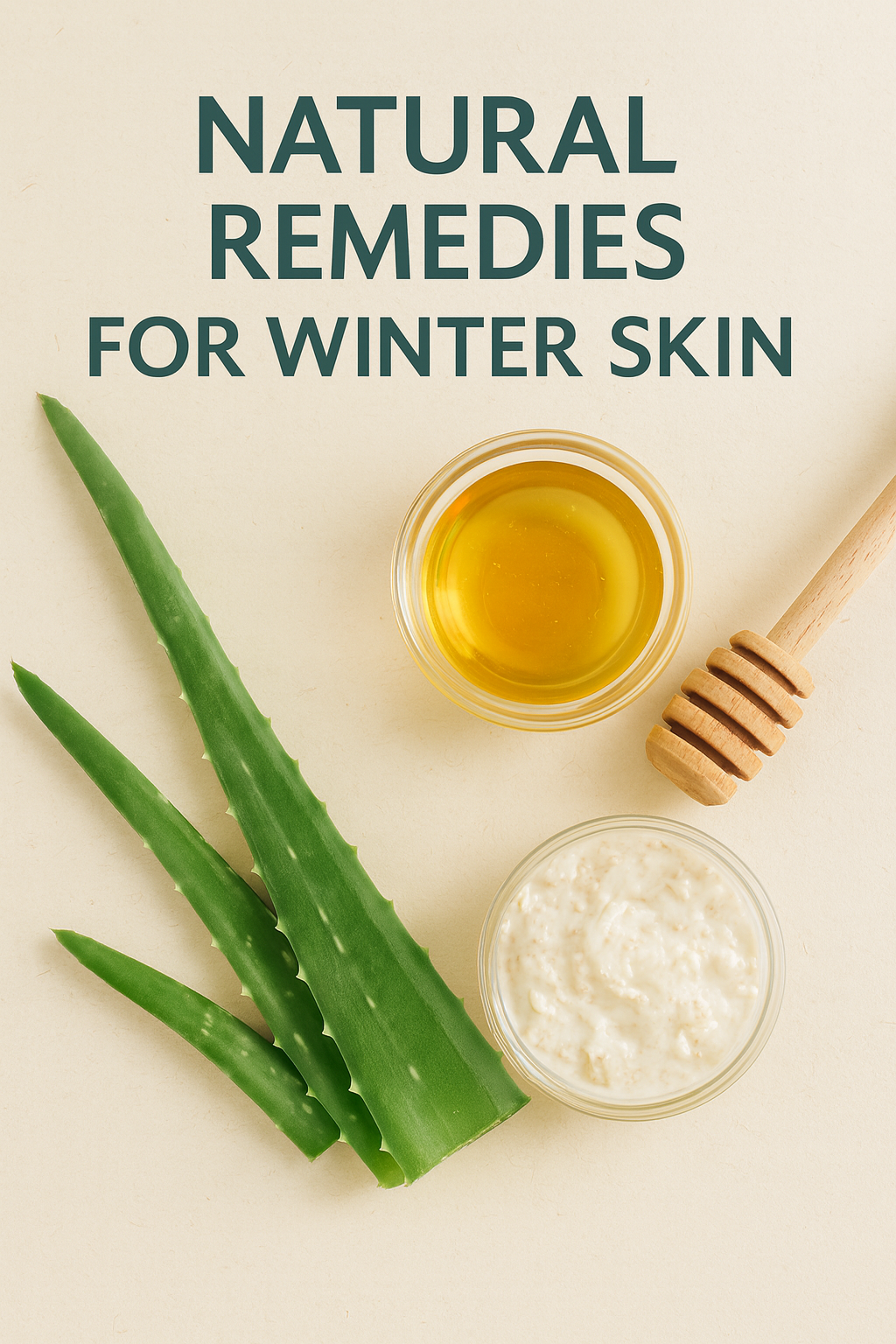 Natural winter skin care ingredients like aloe vera, honey, and oils for dry and sensitive skin