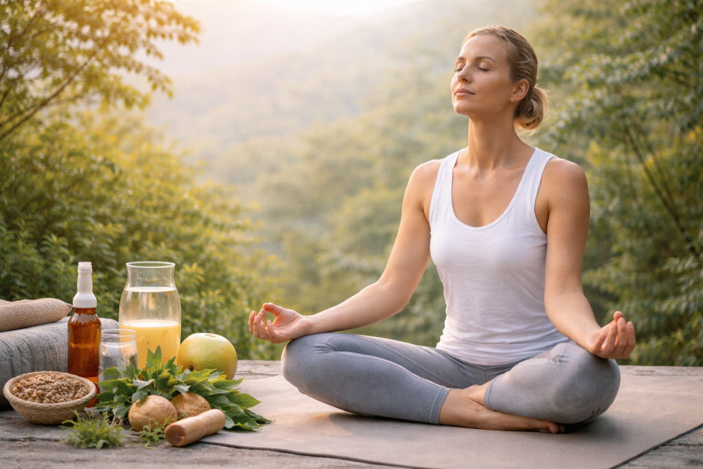 Woman practicing gentle yoga outdoors to support natural hormone balance in females through lifestyle, diet, and wellness