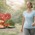 Woman walking outdoors with heart-healthy foods representing natural ways to reduce bad cholesterol and support heart health.
