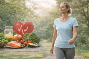 Woman walking outdoors with heart-healthy foods representing natural ways to reduce bad cholesterol and support heart health.